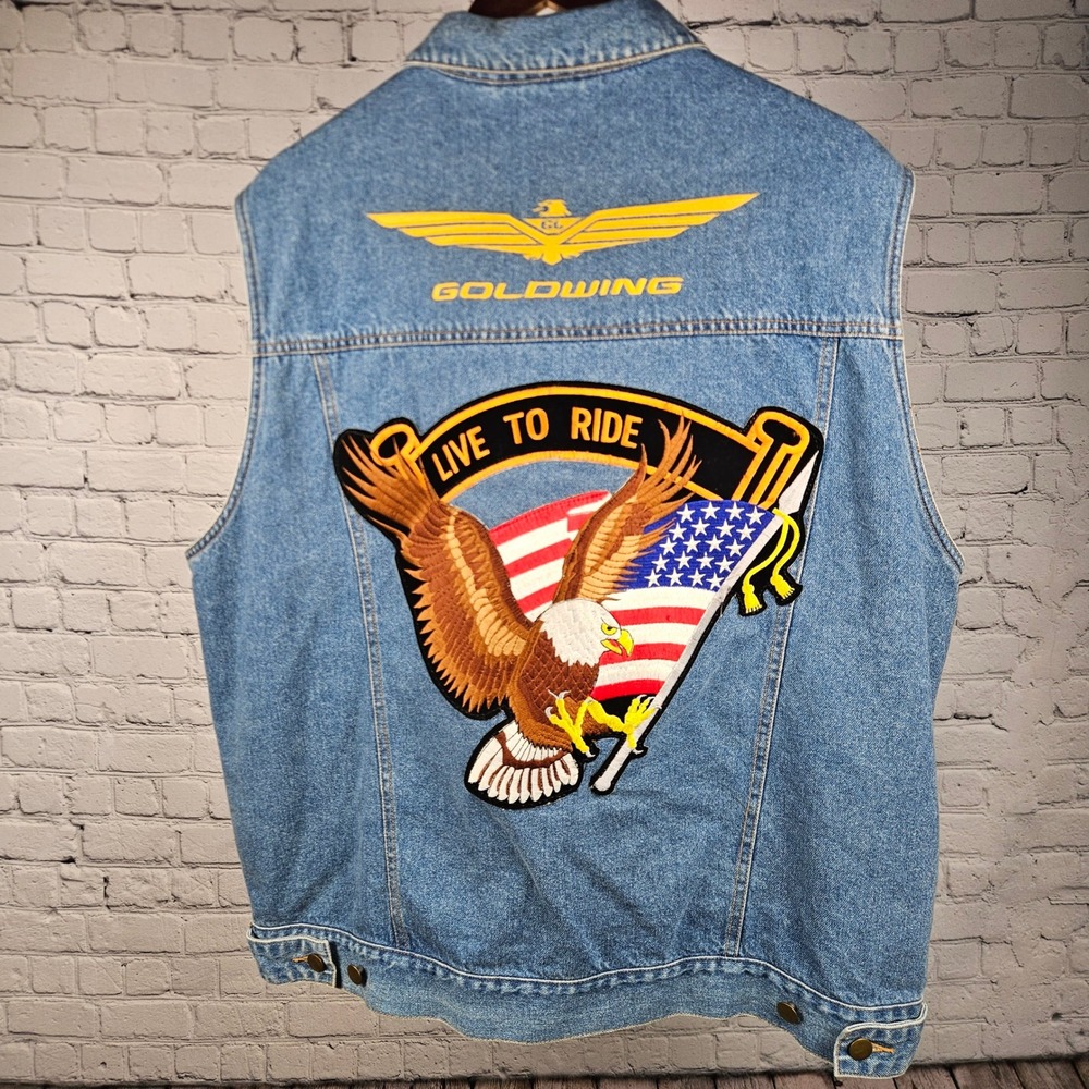 Vintage Honda Goldwing Denim Vest Mens XL Blue Live To Ride Eagle Patch 2006